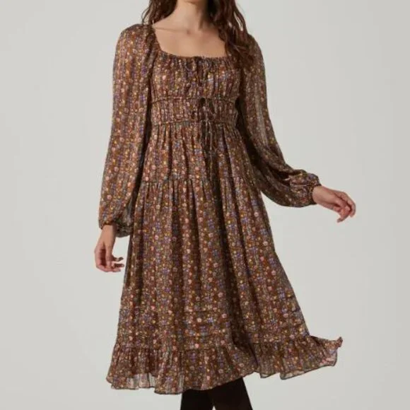 Astr | Dresses | Brand New Tags On Astr The Label Brown Floral Ruched Midi  Dress | Poshmark